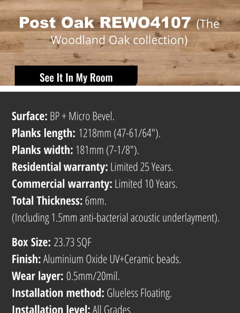 Pallet # 17 SPC Woodland Oak 6mm 20 mill 7 x 48 ( 23.76 sqft Box ) Color Post Oak